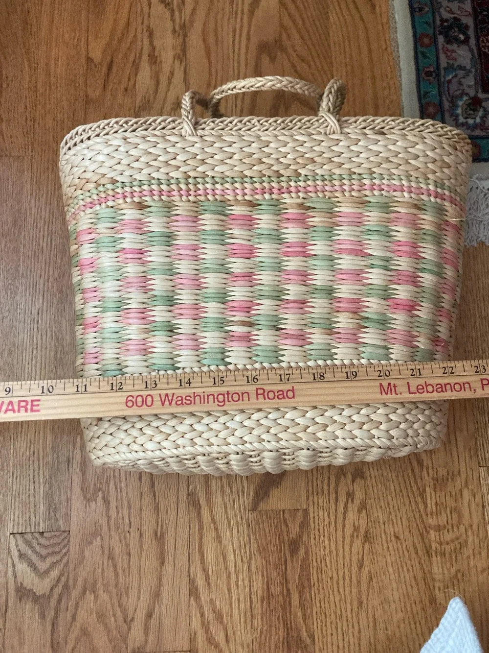 Woven Straw Tote Bag in Natural with Pink & Green Accents
